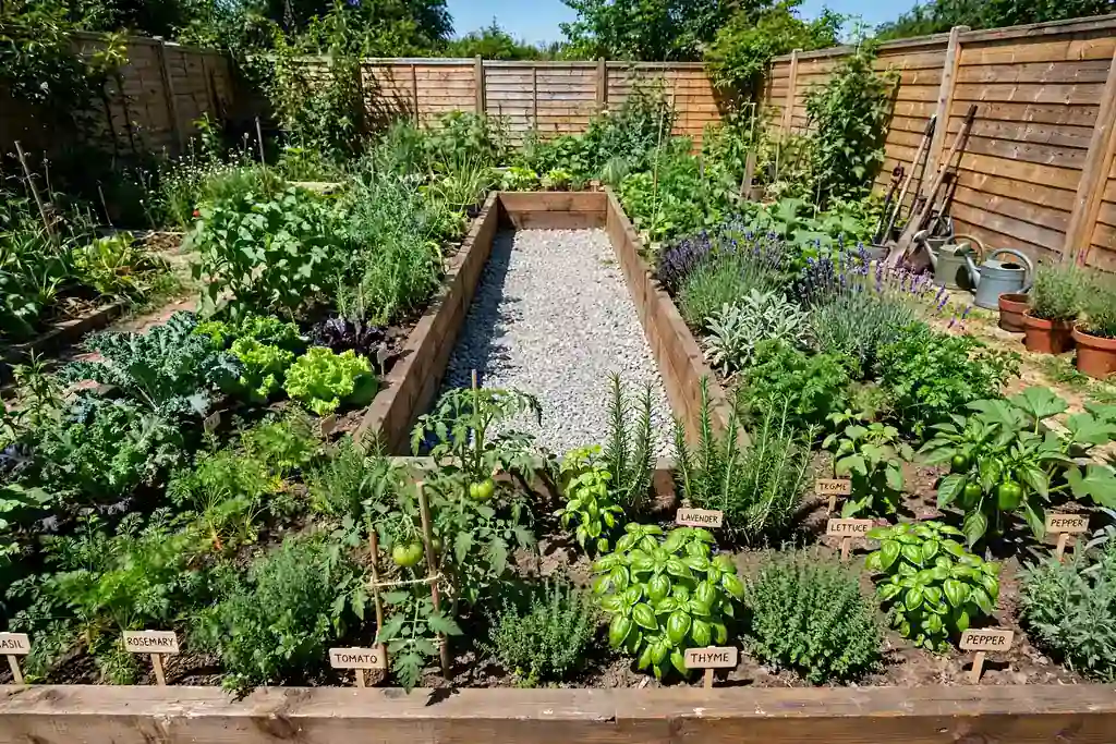 U shaped kitchen garden bed with a path into the middle and herbs.