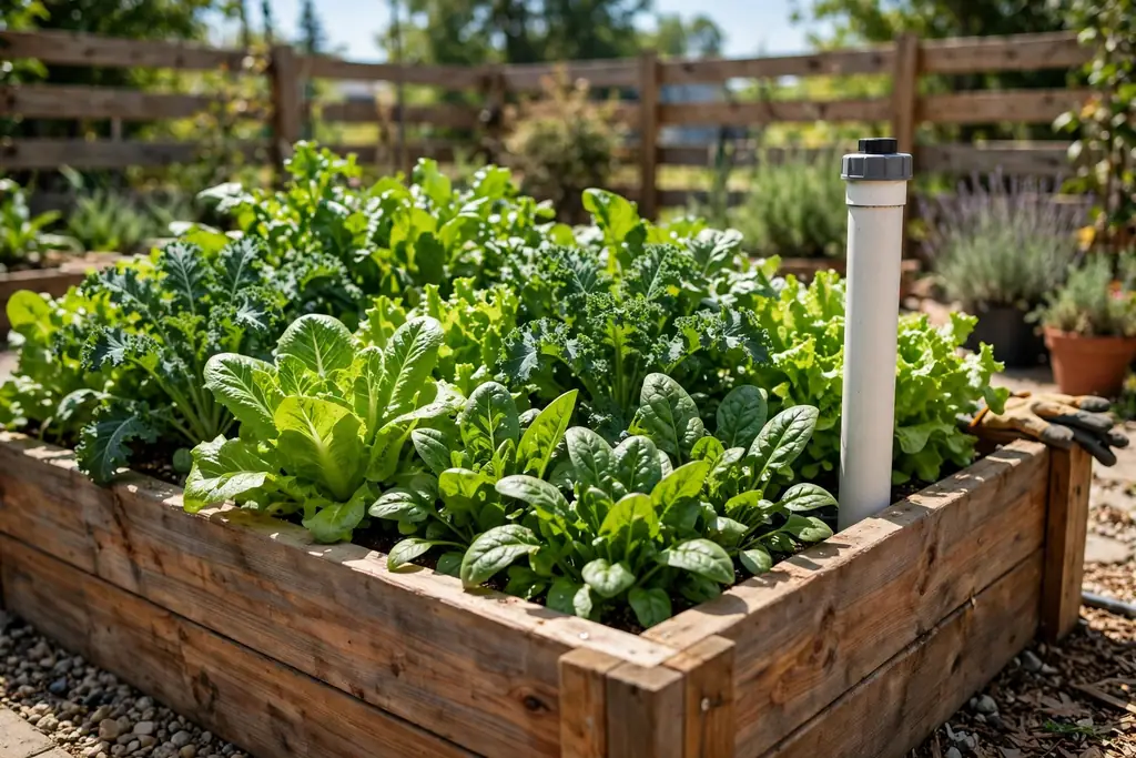 Wicking raised bed with a fill pipe and lush leafy greens.