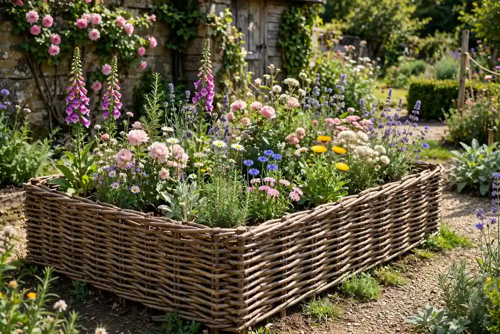 Woven willow wattle raised bed with cottage flowers.