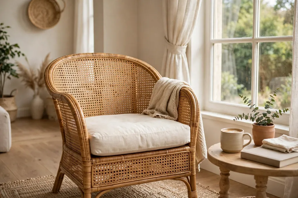 Rattan accent chair with a cream linen cushion beside a window and a small side table in a living room.