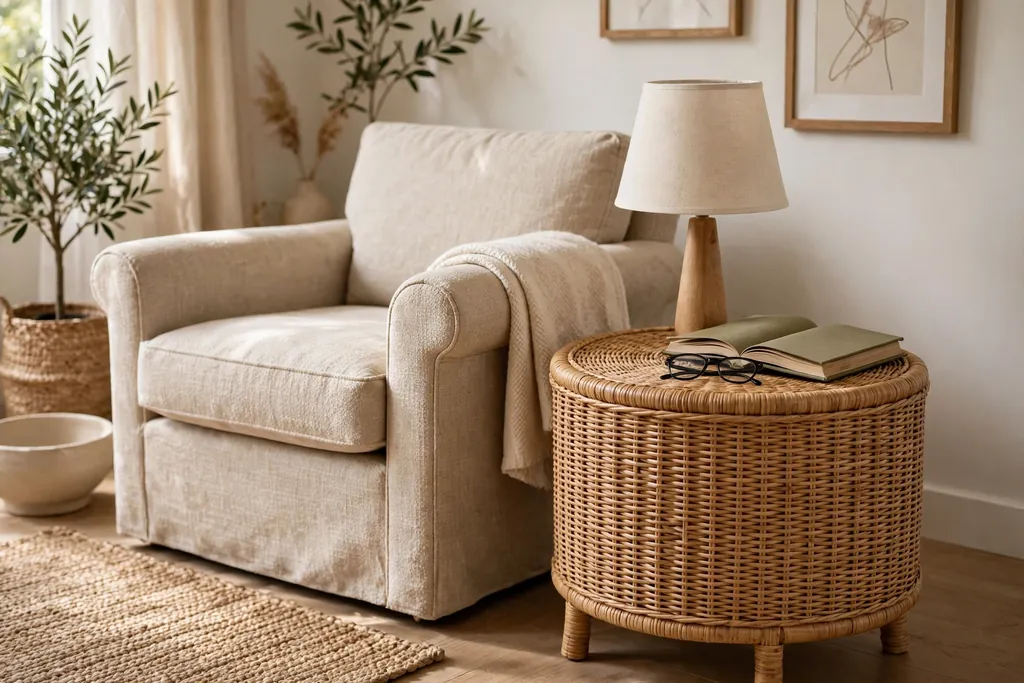 Small round rattan side table with a lamp and a book beside an armchair.