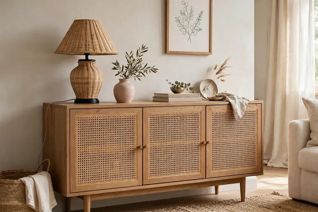 Living room sideboard with rattan front doors, a lamp, and a small vase on top.