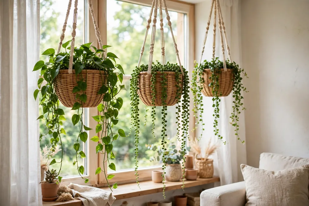 Rattan hanging planters with trailing green plants near a bright window.