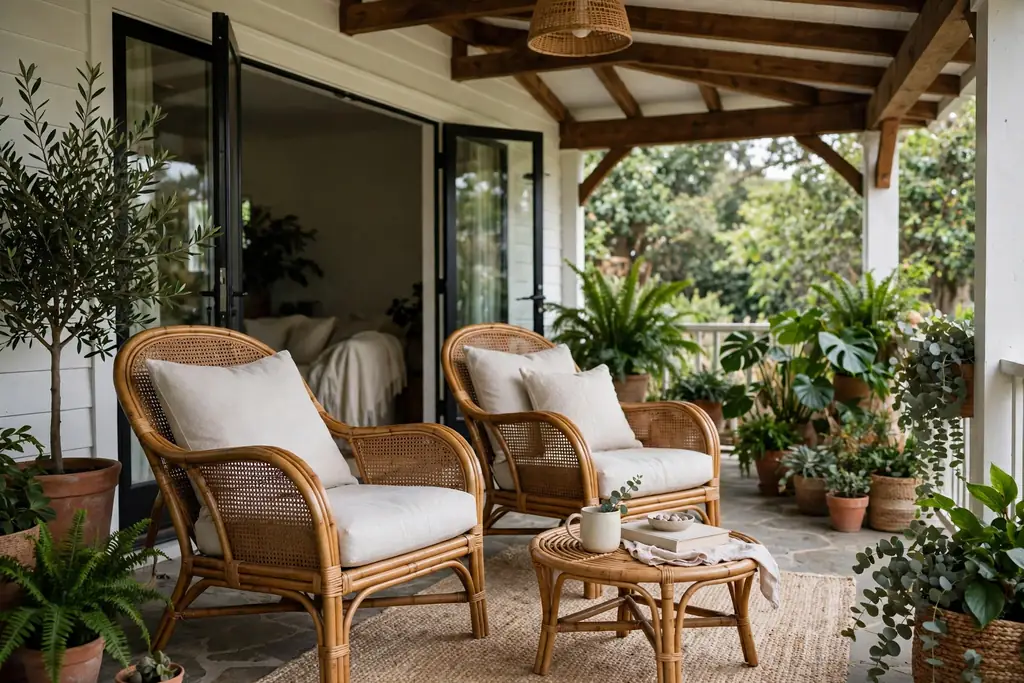 Rattan lounge chairs with pale cushions on a covered porch with plants.