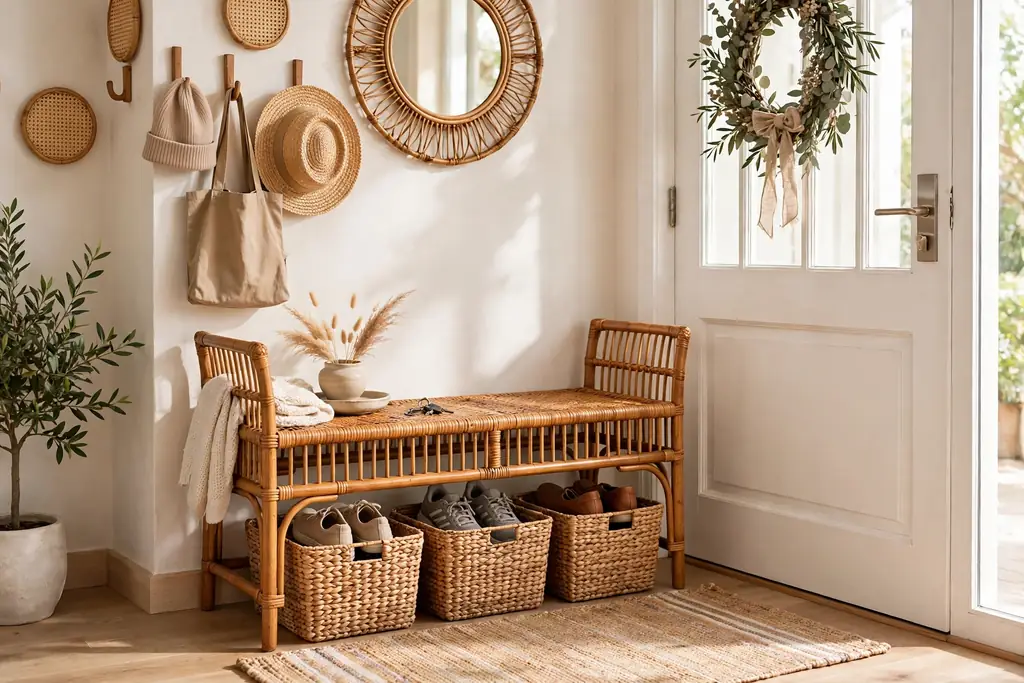 Rattan entry bench with baskets for shoes below, beside a front door.