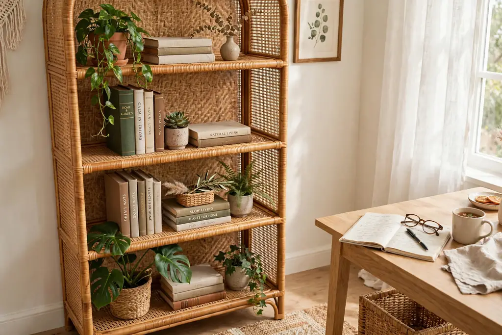 Open rattan bookshelf with books and plants in a bright study corner.