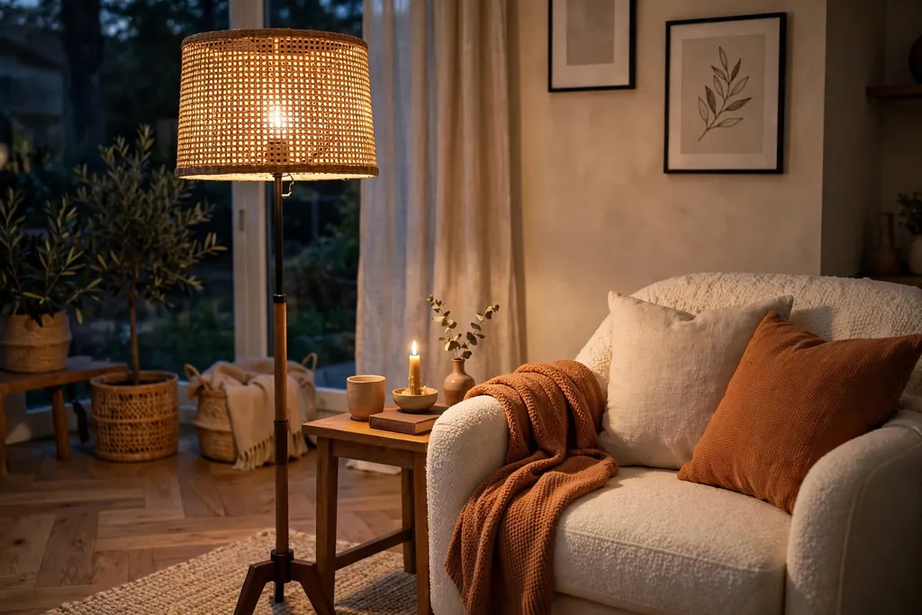 Floor lamp with a woven rattan shade beside an armchair in the evening.
