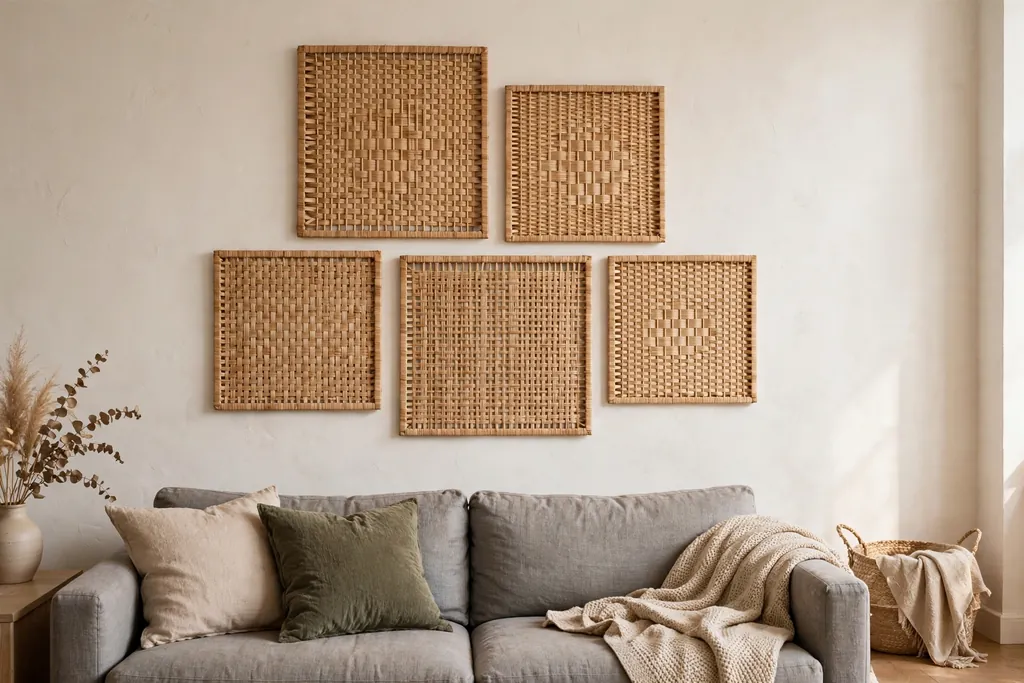 Flat woven rattan wall panels hung as a group on a plain living room wall.