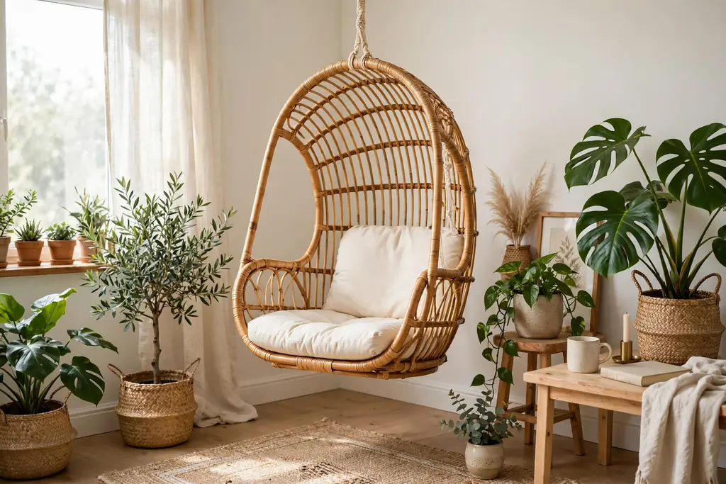 Rattan hanging swing chair with a cream cushion in a bright living room corner.