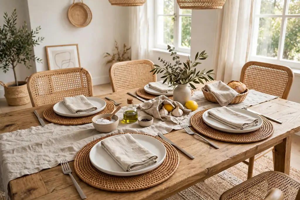 Dining table set with rattan placemats, plain plates, and linen napkins.