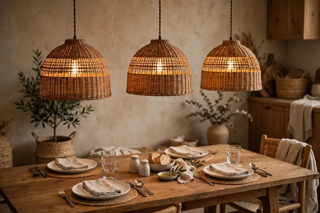 Three rattan pendant lights hanging over a wood dining table with plain place settings.