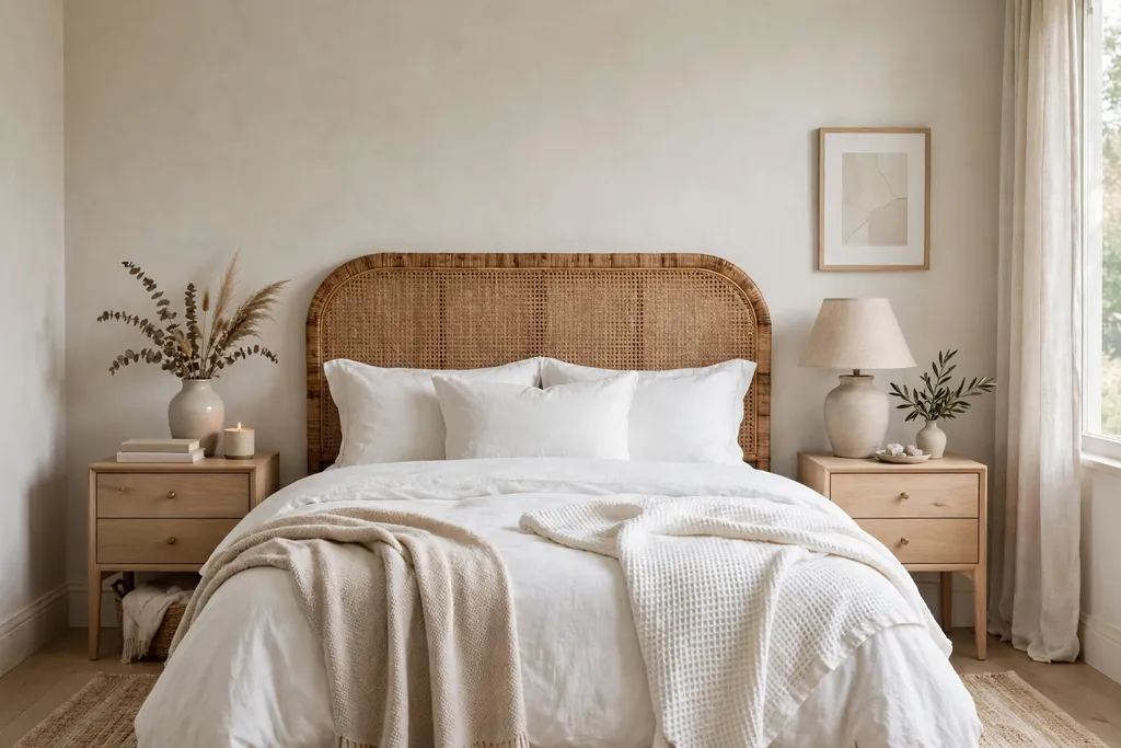 Bedroom with a woven rattan headboard, white bedding, and light wood nightstands.