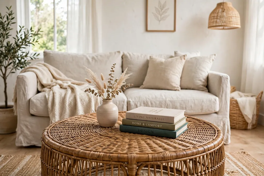 Round rattan coffee table with a small vase and books in front of a linen sofa.