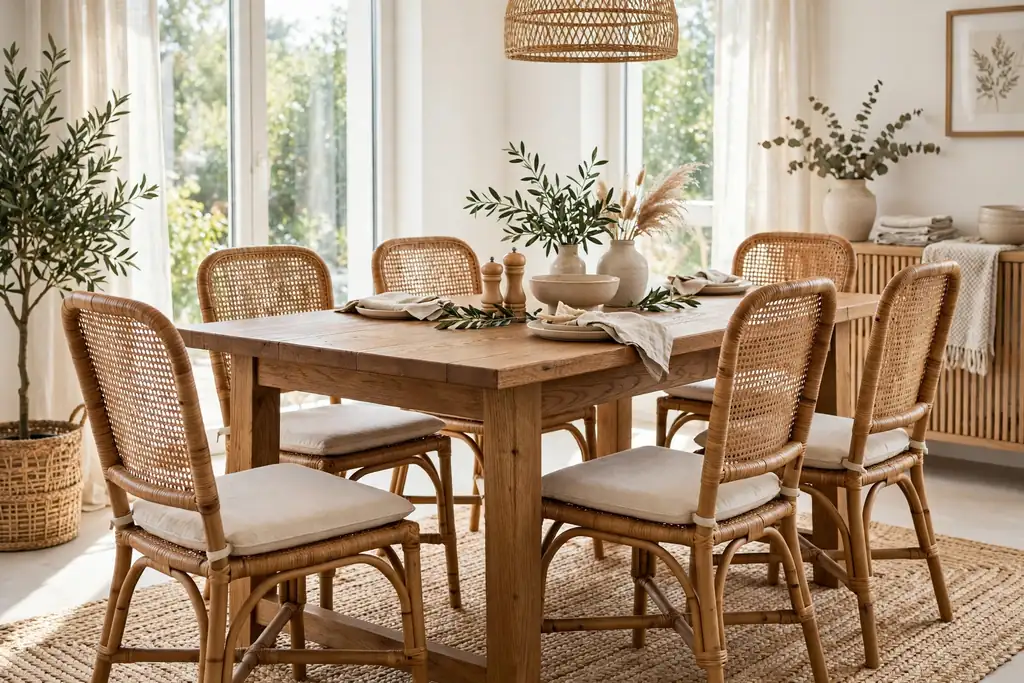 Wood dining table surrounded by rattan dining chairs with plain seat cushions.