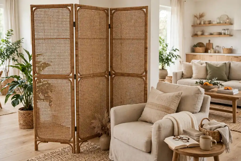 Three panel rattan room divider marking a reading corner in an open living area.