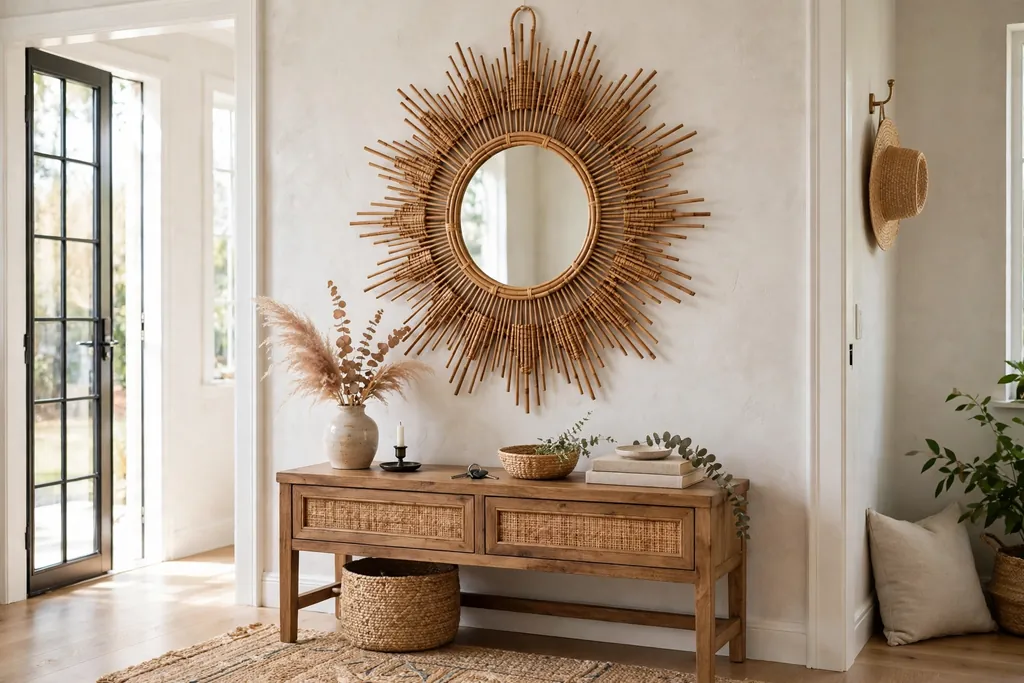 Rattan sunburst mirror hanging above a console in a bright entry.