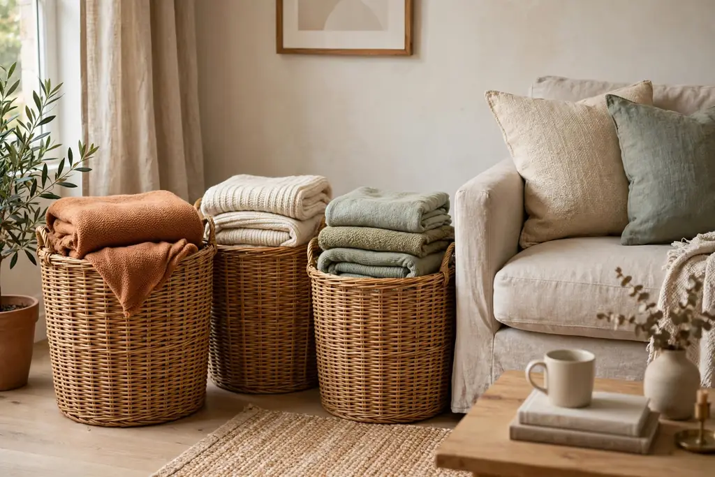 Large rattan storage baskets holding folded throws beside a sofa.