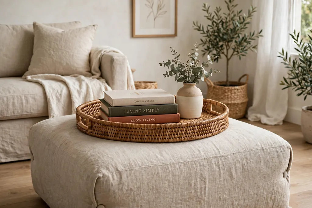 Rattan serving tray with a vase and books on a linen ottoman in a living room.