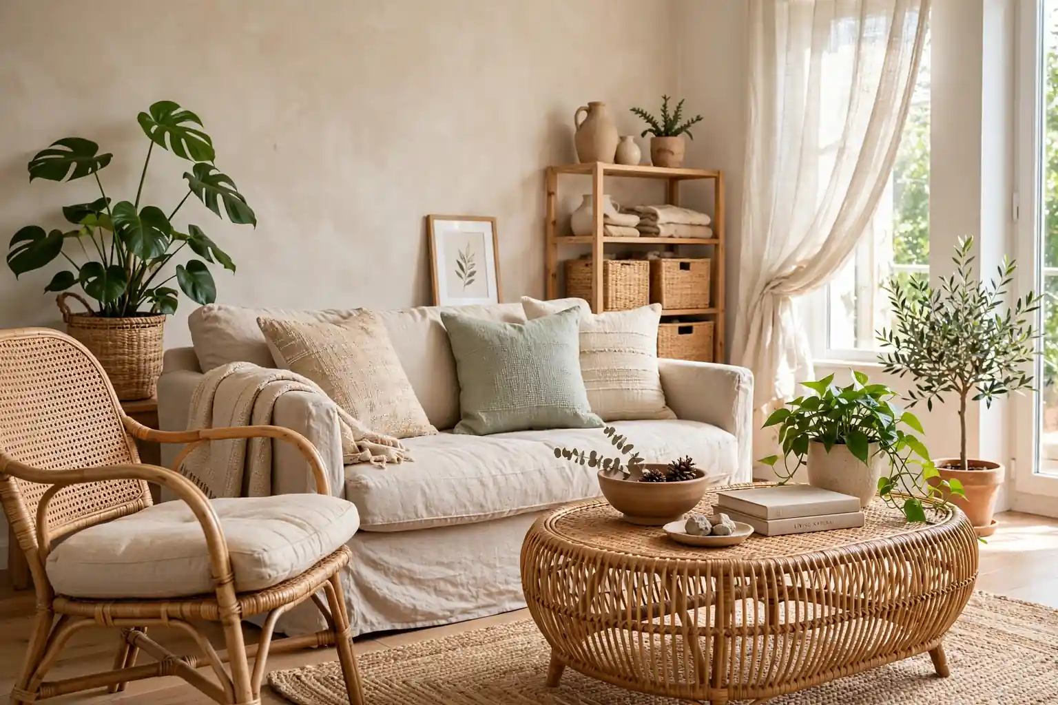 Bright living room with a rattan accent chair, a rattan coffee table, a linen sofa, and plants in daylight.