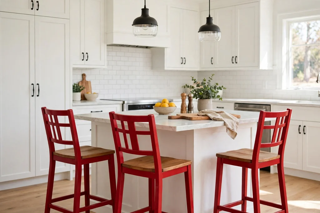 Red bar stools at a kitchen island with a pale counter.