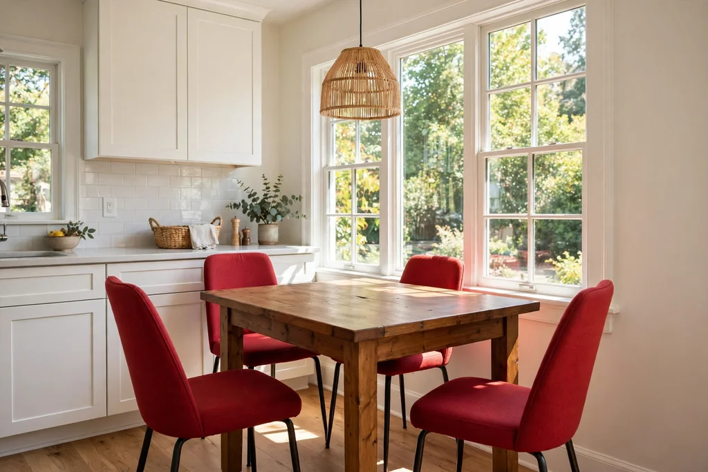 Breakfast nook with red dining chairs and a wood table beside a window.