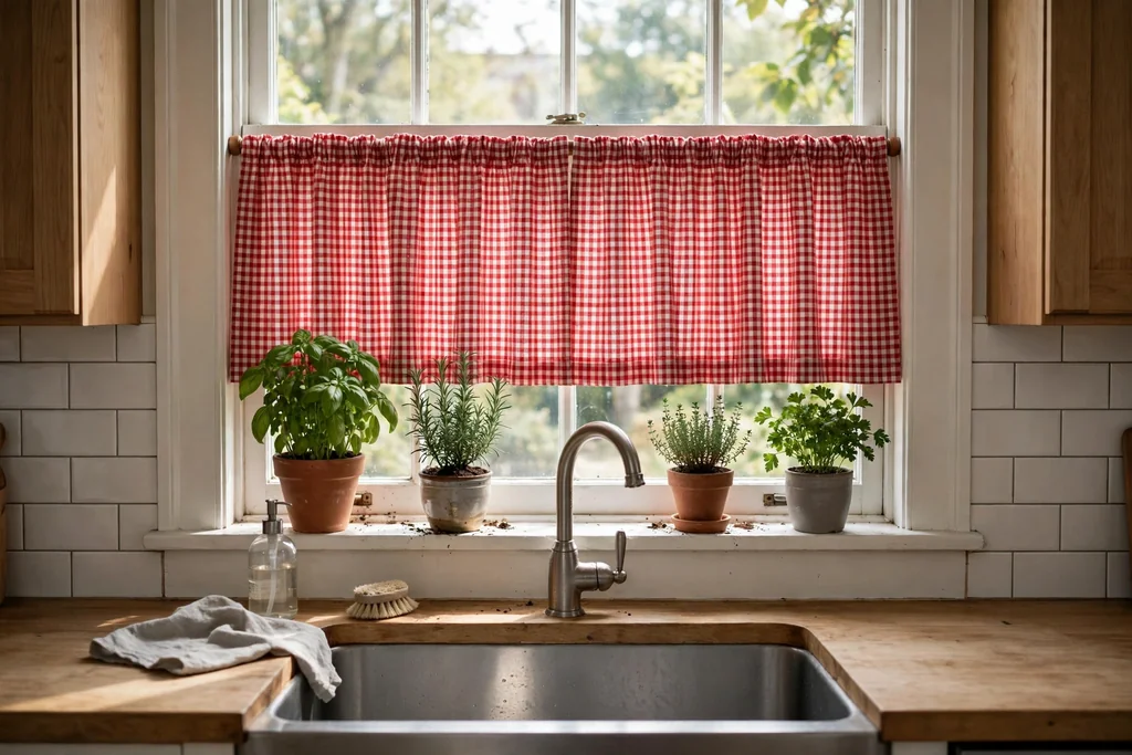 Kitchen window with a red check curtain and herb pots on the sill above a sink.