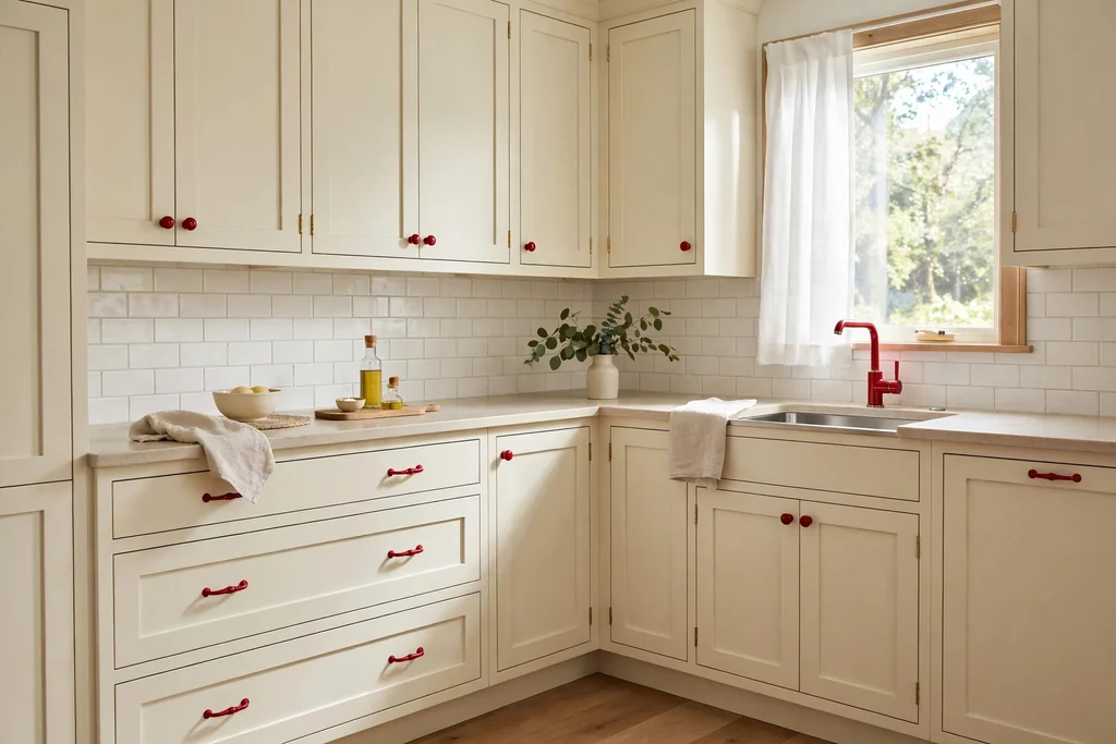 Cream kitchen cabinets with red knobs and a matching red tap.