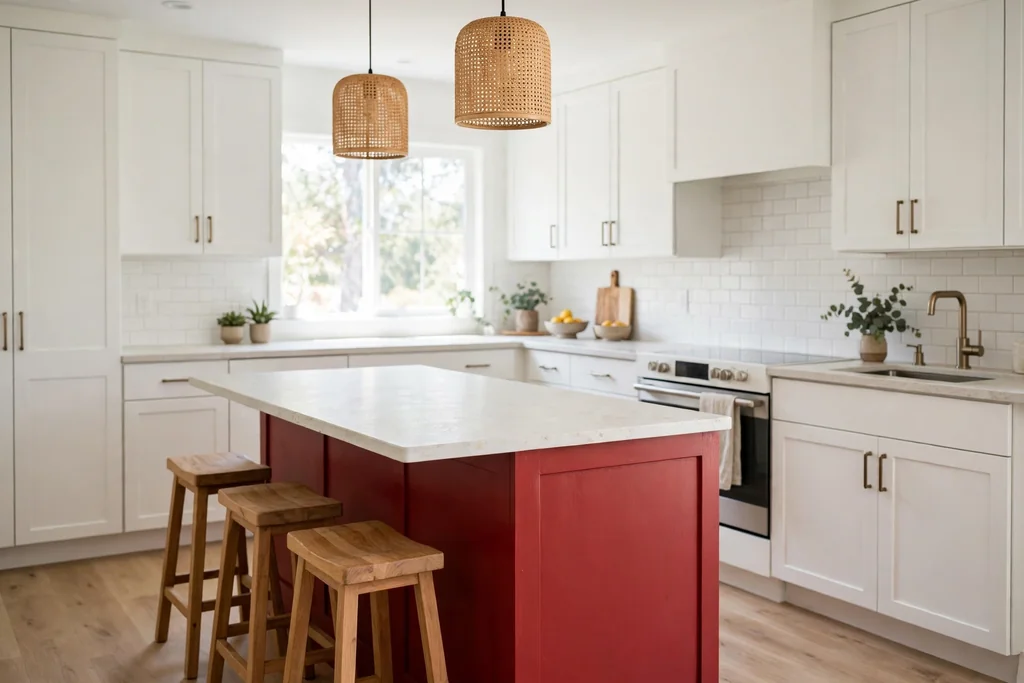 Red kitchen island with a pale counter in a white kitchen.