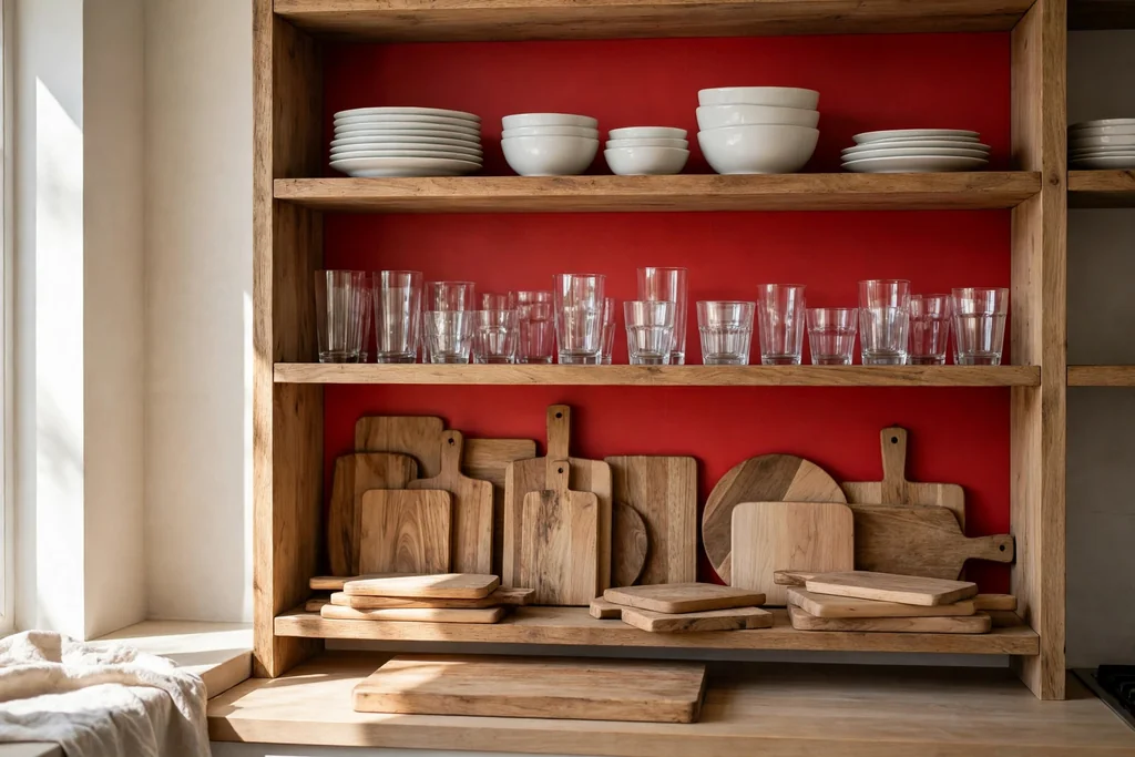 Open kitchen shelves with red backs holding white dishes and glasses.