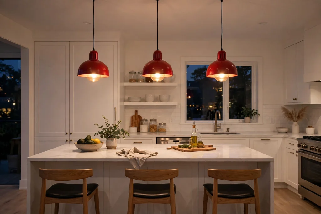 Red pendant lights hanging over a kitchen island in the evening.