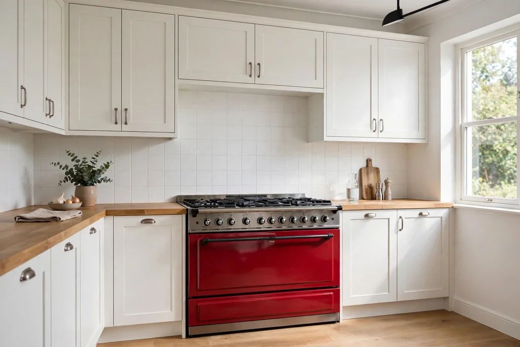 Red range cooker in a kitchen with white cabinets and a plain backsplash.