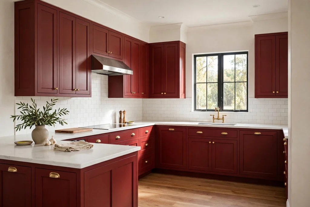 Kitchen with deep red shaker cabinets, white counters, and a wood floor.