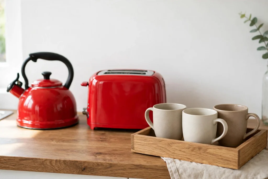 Kitchen counter with a red kettle, red toaster, and mugs on a wood tray.