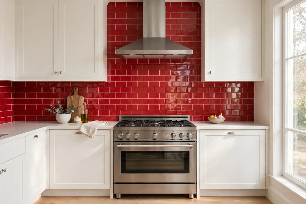 Glossy red subway tile backsplash behind a kitchen cooker with white cabinets.