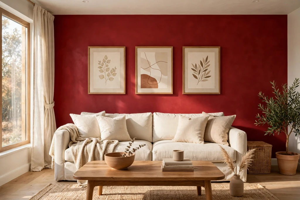 Living room with a bold deep red accent wall behind a cream sofa, wood coffee table, and framed art.