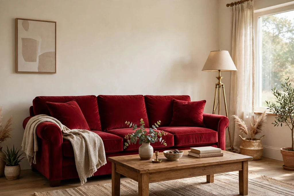 Living room with a deep red velvet sofa, cream walls, a wood coffee table, and a brass floor lamp.