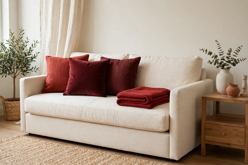 Cream sofa layered with brick red and burgundy cushions and a folded red knit throw.