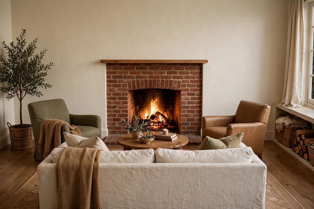Living room with a red brick fireplace, cream walls, a sofa facing the hearth, and a simple mantel.