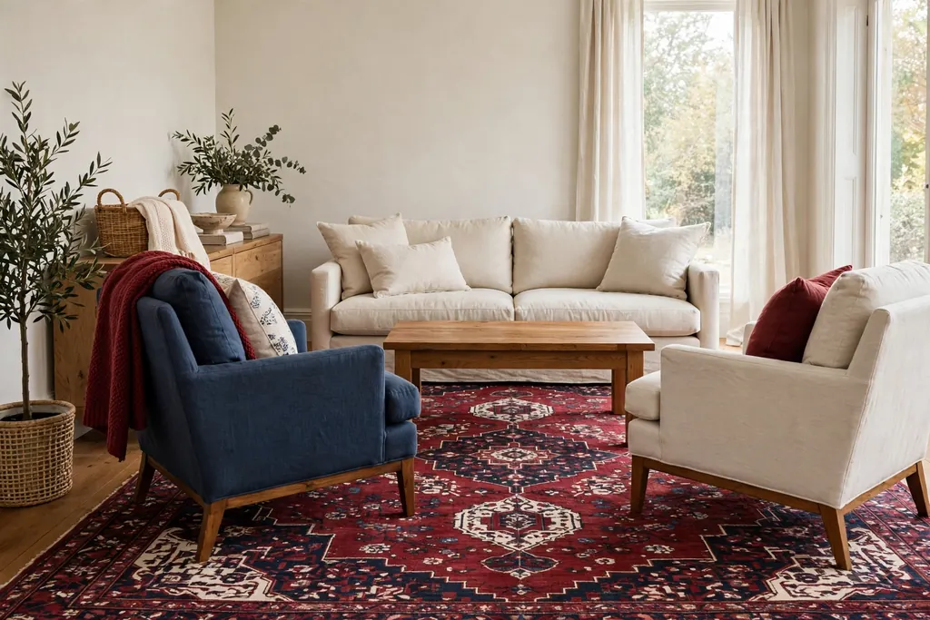 Living room seating group on a patterned rug in deep red, navy, and cream under a neutral sofa.