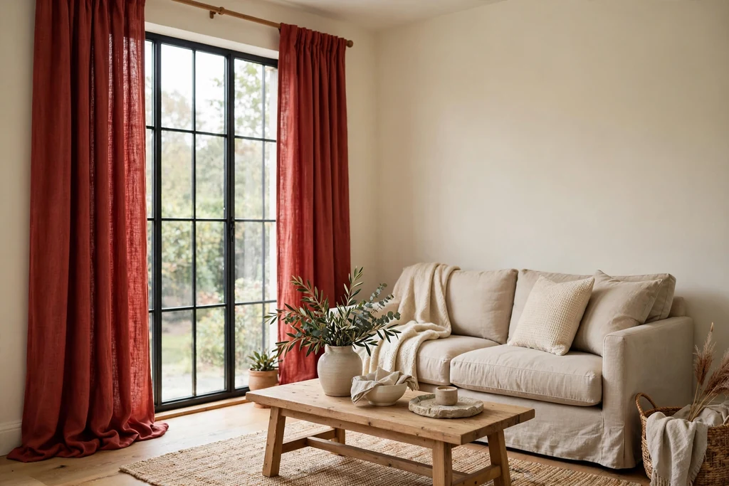 Living room window dressed with floor-length brick red linen curtains beside a neutral sofa.