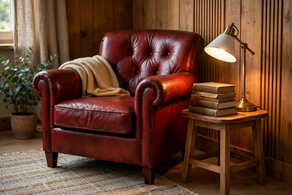 Red leather armchair reading corner with a small side table, a reading lamp, and a stack of books.