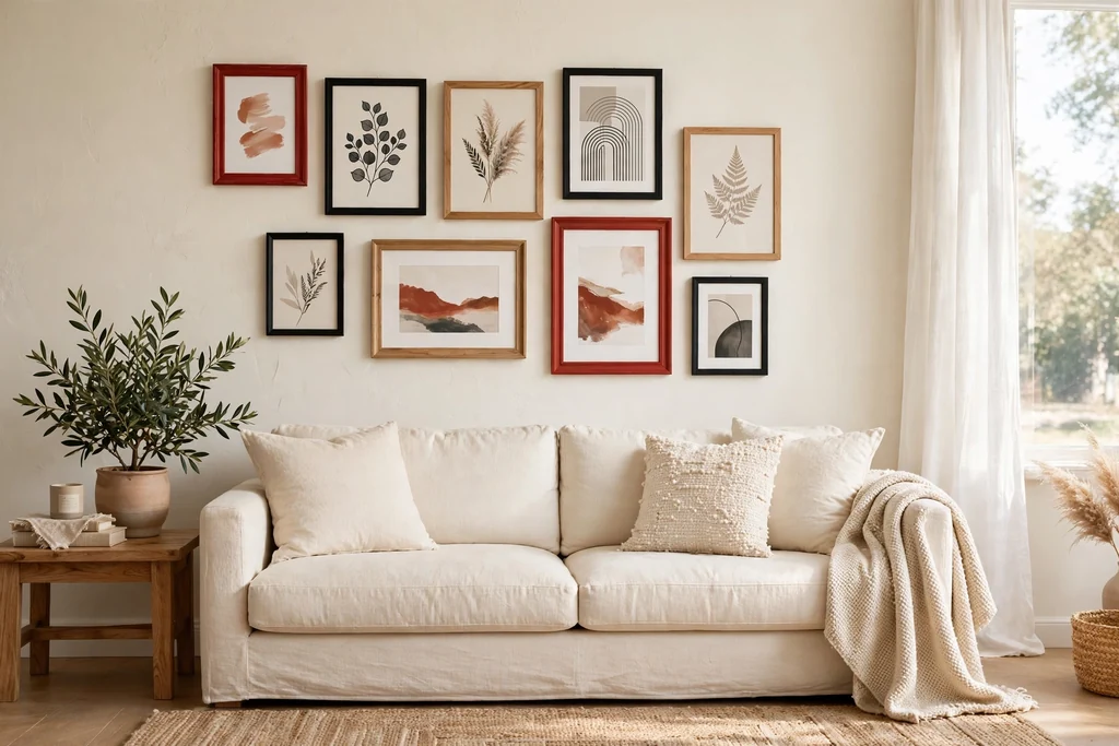 Gallery wall with red, wood, and black frames hanging above a cream sofa in a living room.