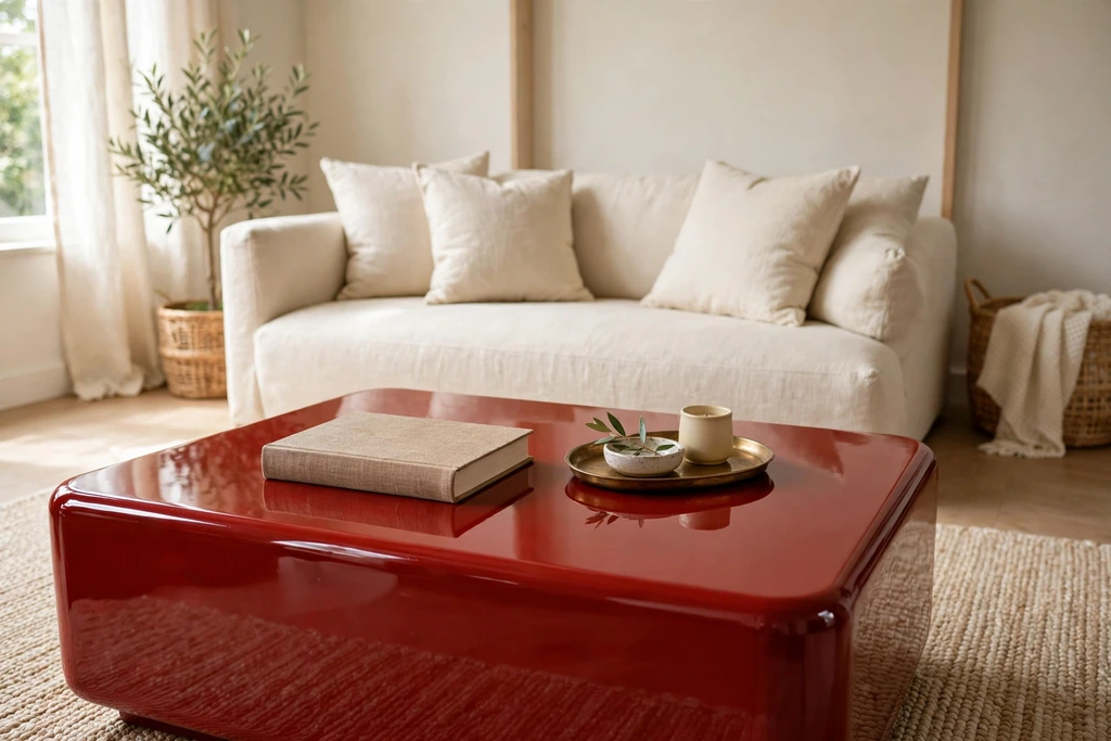Glossy red lacquer coffee table with a book and a small tray in front of a cream sofa.
