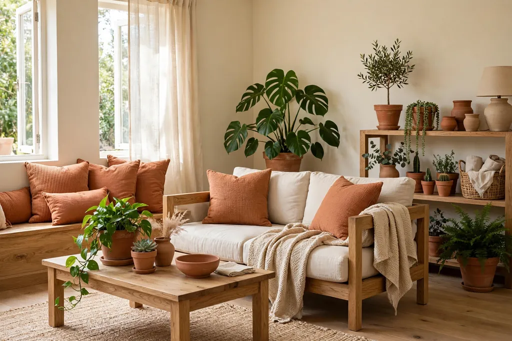 Relaxed living room with terracotta cushions, natural wood furniture, clay pots, and green plants.