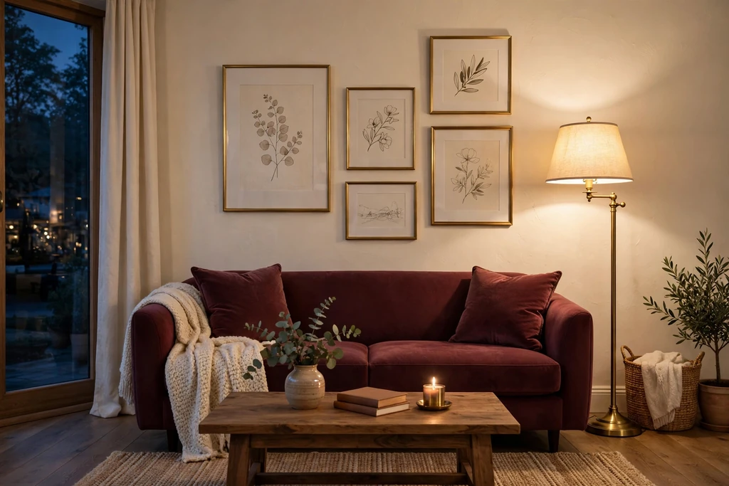 Living room with a burgundy sofa, a brass floor lamp, brass frames, and cream walls.