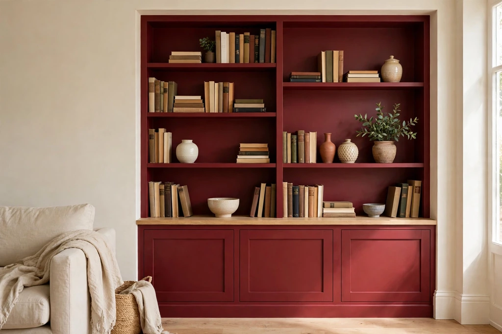 Built-in living room shelves painted rich burgundy red, styled with books, a plant, and ceramics.