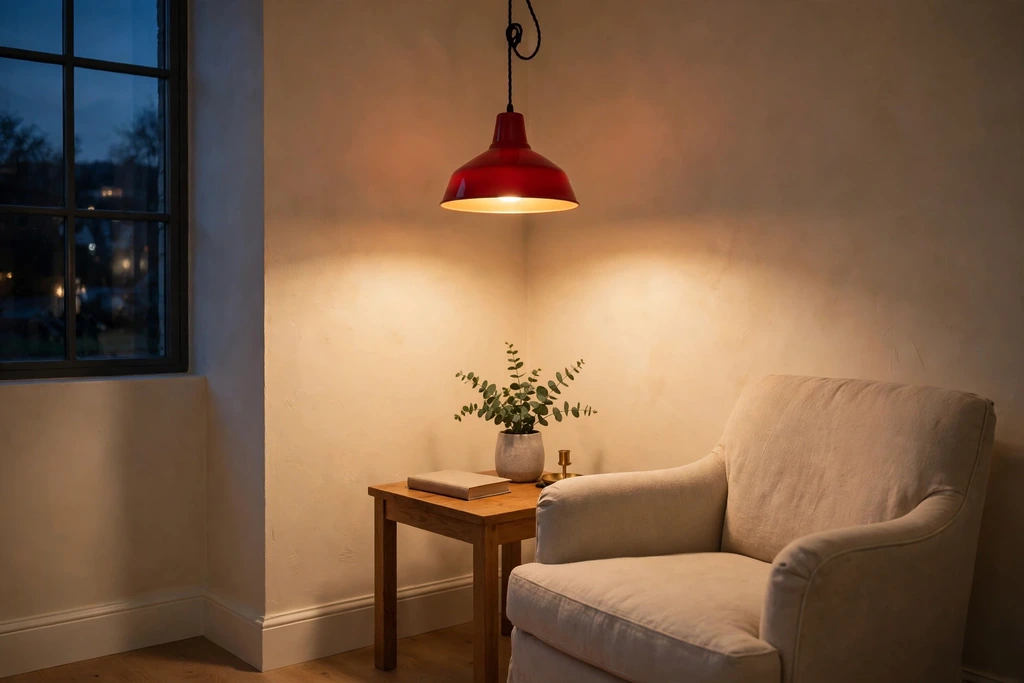 Living room corner with a red pendant lamp glowing over a side table beside an armchair.