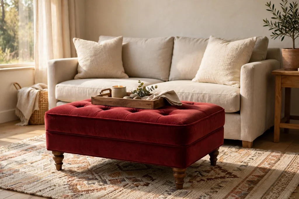 Red fabric ottoman with a wood tray in front of a neutral sofa in a cozy living room.
