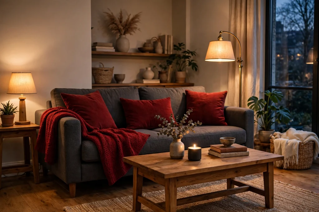 Charcoal grey sofa with deep red cushions and a red throw, a wood coffee table, and warm lamps.