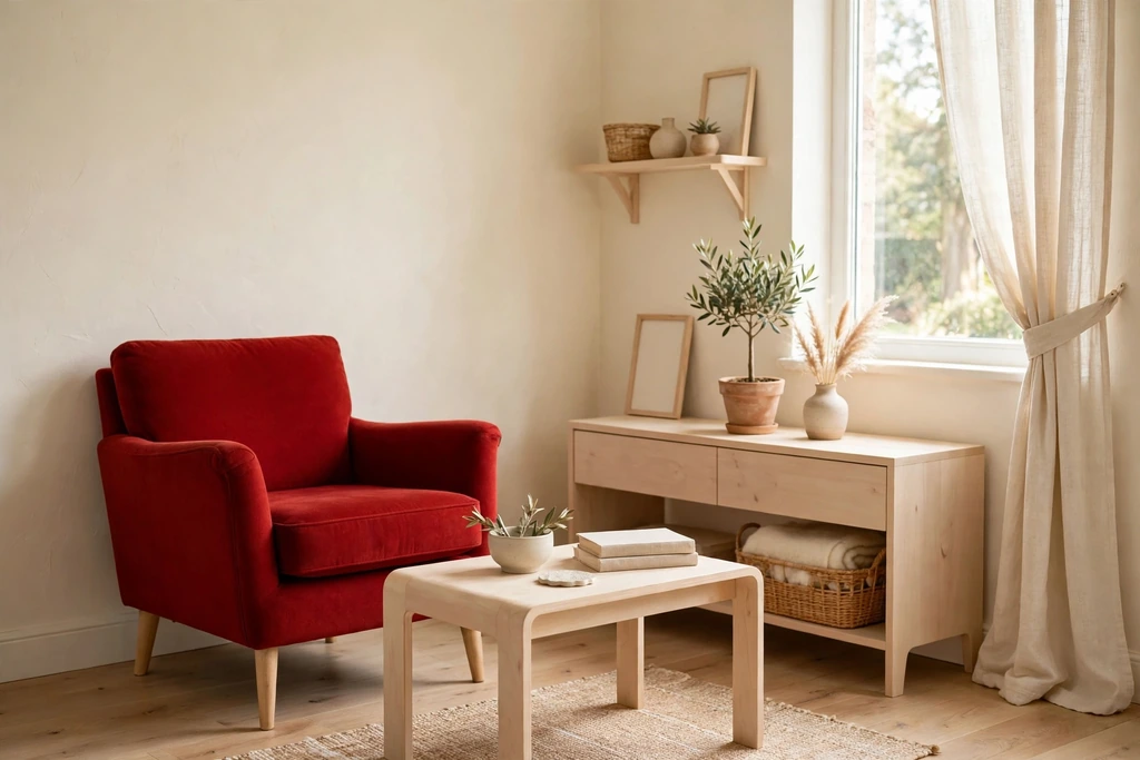Small living room with one bold red armchair, cream walls, pale wood furniture, and a compact coffee table.